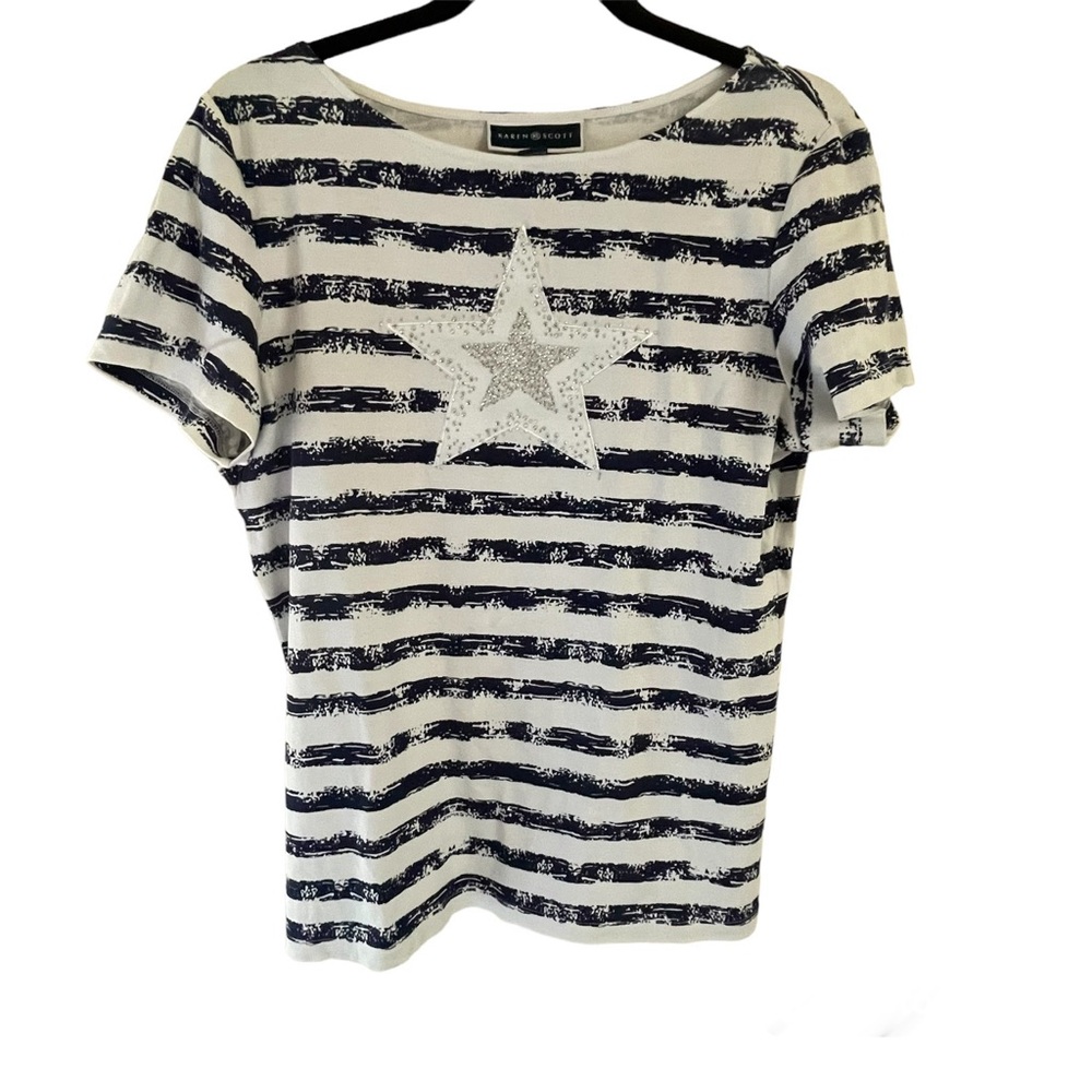 Karen Scott Star & Stripe SS Top - Navy & White - L